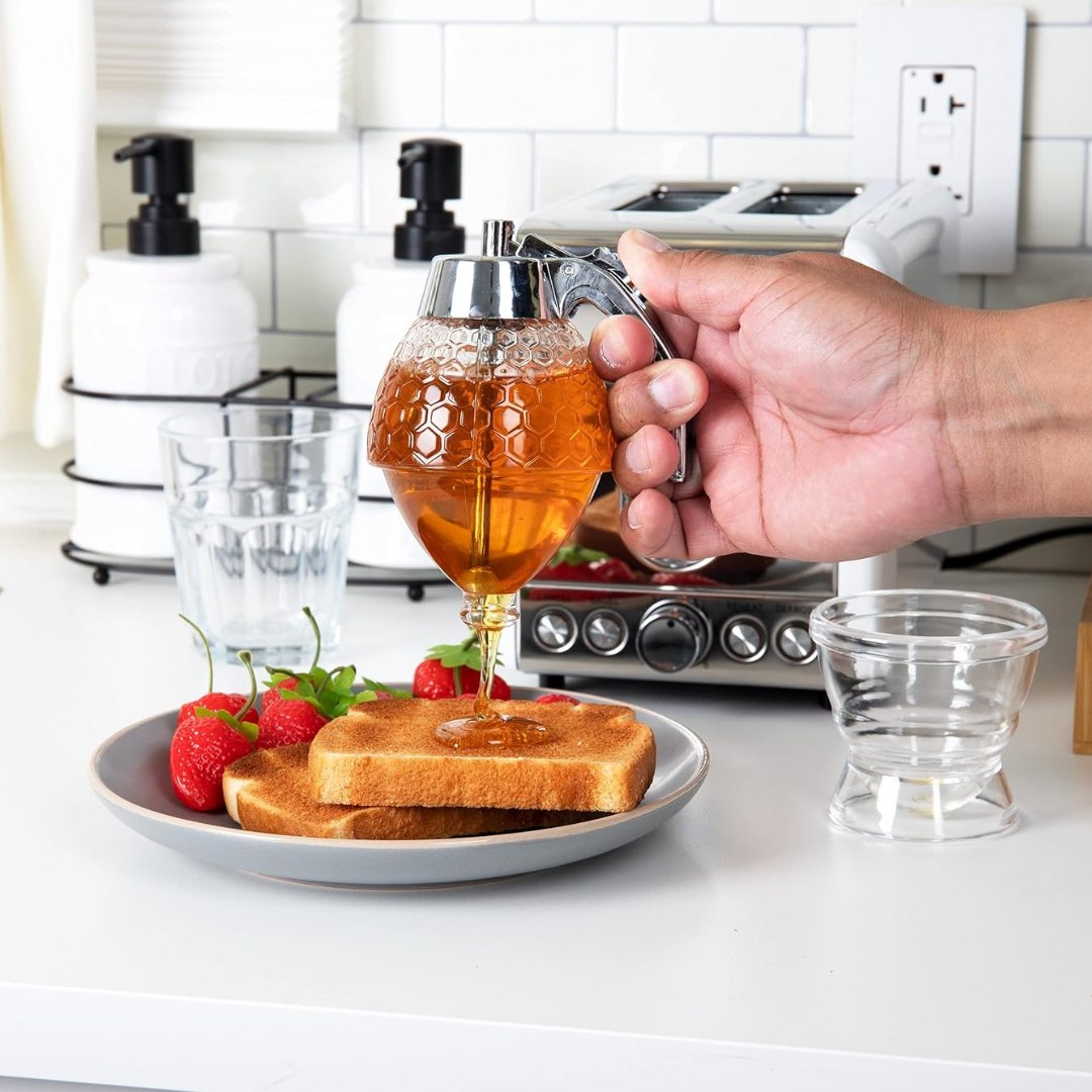 Automatic Honey Dispenser with Stand - Leakproof Honeycomb Jar (Acrylic, BPA-Free)