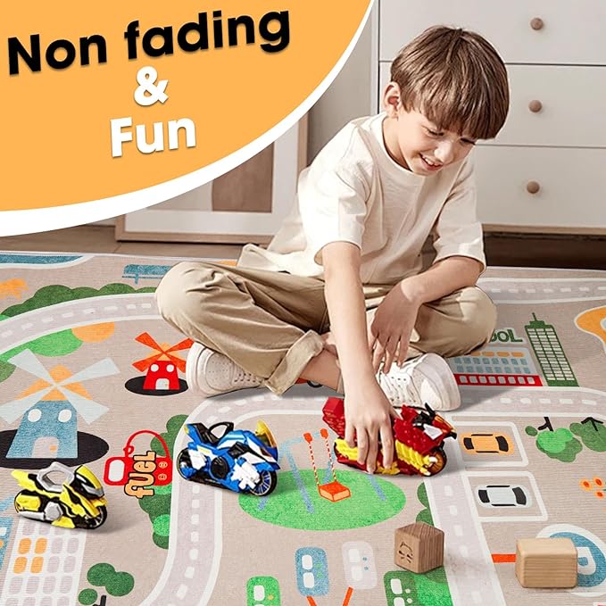 Kid Rug Carpet Playmat for Toy Cars and Train，Play Area Rug with Rubber Backing，Fun Throw Rug，Ideal Gift for Children Baby Bedroom Play Room