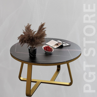 Modern Slate Coffee Table with Metal Frame - Round Accent Table for Living Room, Bedroom, or Office