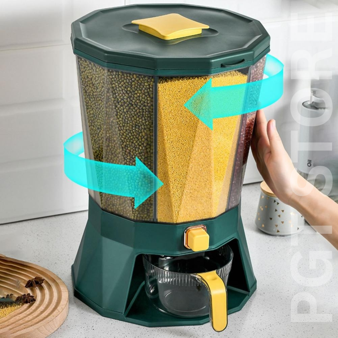 Rotating 4-Grid Grain Dispenser with Easy-Press Button and Measuring Cup