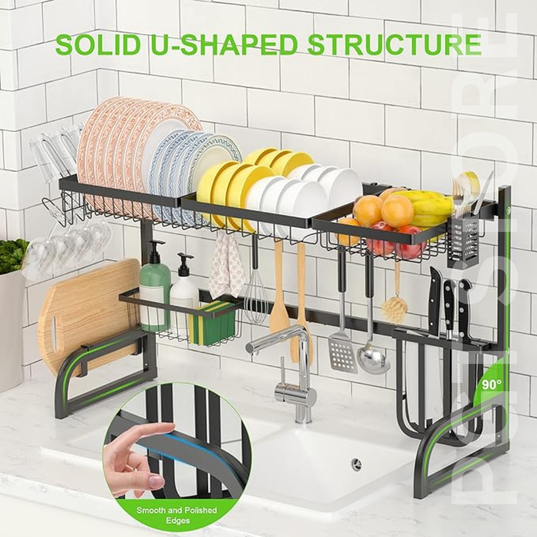 Adjustable Over Sink Dish Rack - Stainless Steel Kitchen Organizer with Utensil Holder