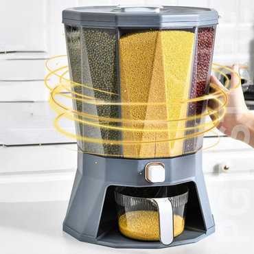 Rotating 4-Grid Grain Dispenser with Easy-Press Button and Measuring Cup