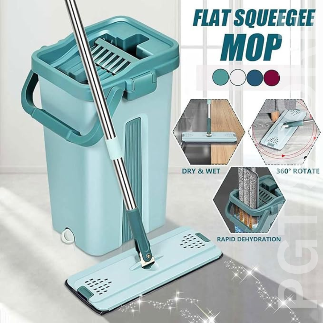 Green Flat Mop and Bucket Set with Microfiber Pads - Easy Self-Wringing, Wet and Dry Floor Cleaning