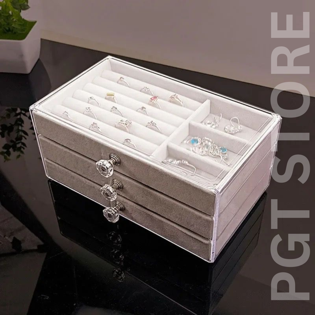 3-Drawer Acrylic Jewelry Organizer with Velvet Lining | Stackable Display Case for Earrings, Necklaces, Rings, & More