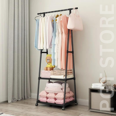 Freestanding Coat Rack with Wheels & Storage Shelf